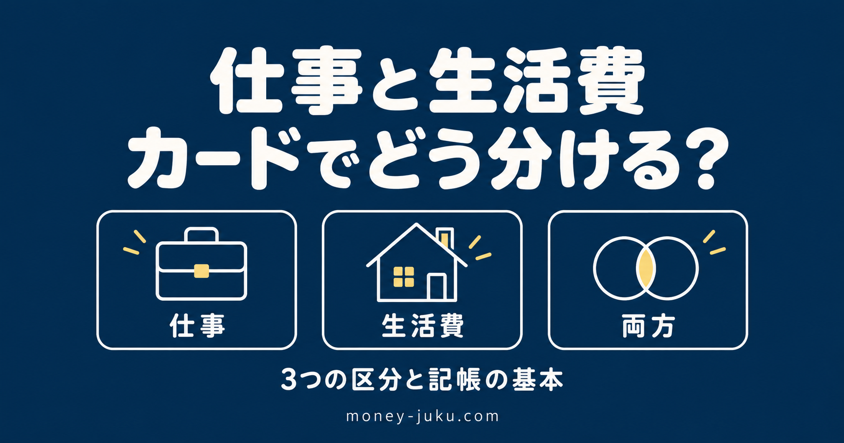 紺背景と丸みのある白文字、控えめな金の線画。仕事・生活費・両方の3区分を、鞄・家・重なる円で横並びに示す図解